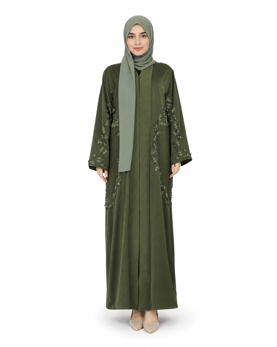Olive Green Three D Floral Front Open Abaya